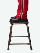 Pomy Pants - Red crêpe pants with glittery side bands and drawstring ties.