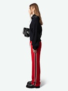 Pomy Pants - Red crêpe pants with glittery side bands and drawstring ties.