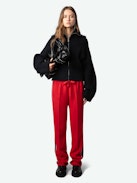 Pomy Pants - Red crêpe pants with glittery side bands and drawstring ties.