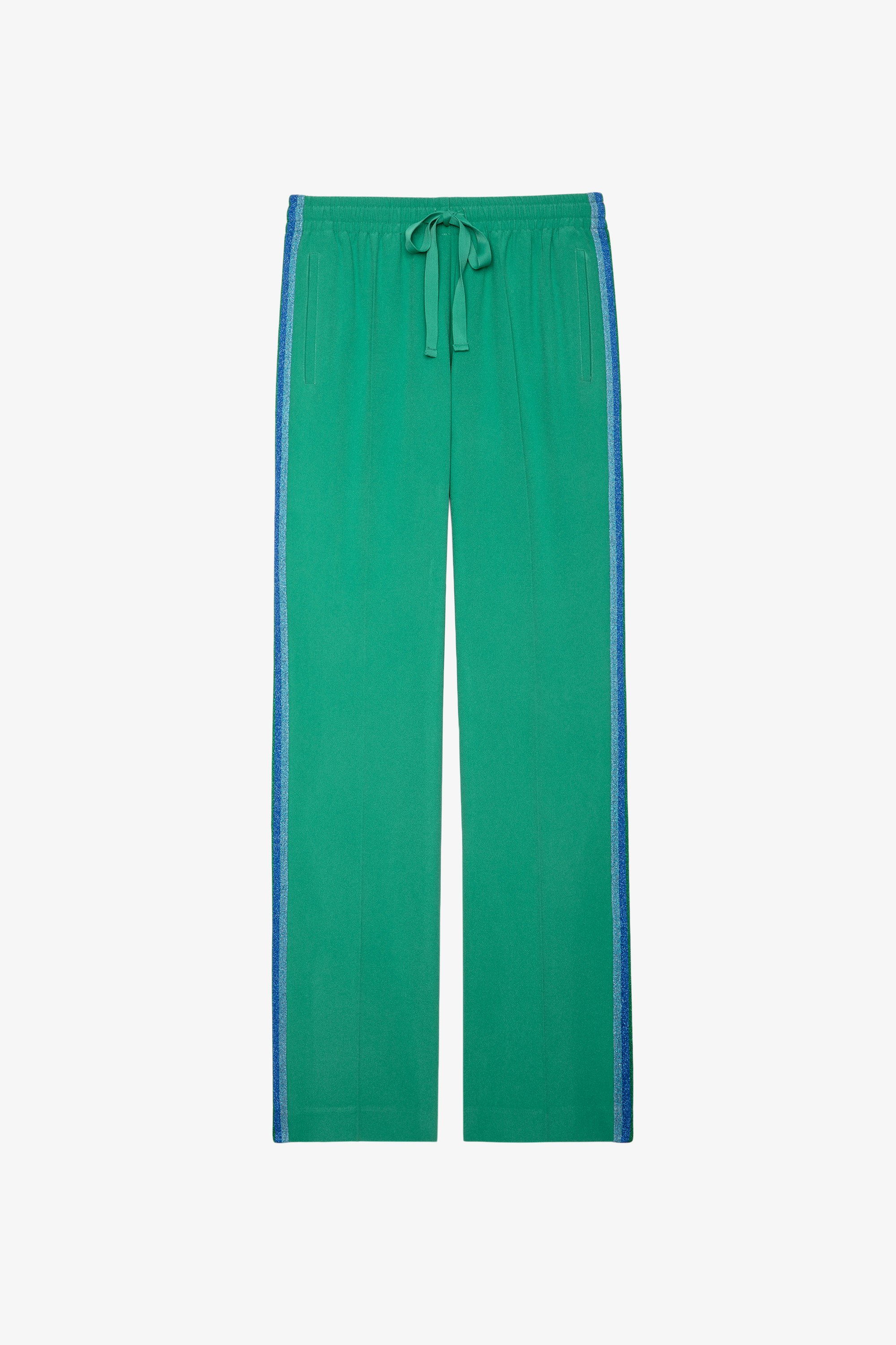 Pomy Crepe パンツ Women's flowing trousers in green with glittering side stripes