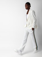 Pomy Trousers - White crêpe trousers with glittery side bands and drawstring ties.