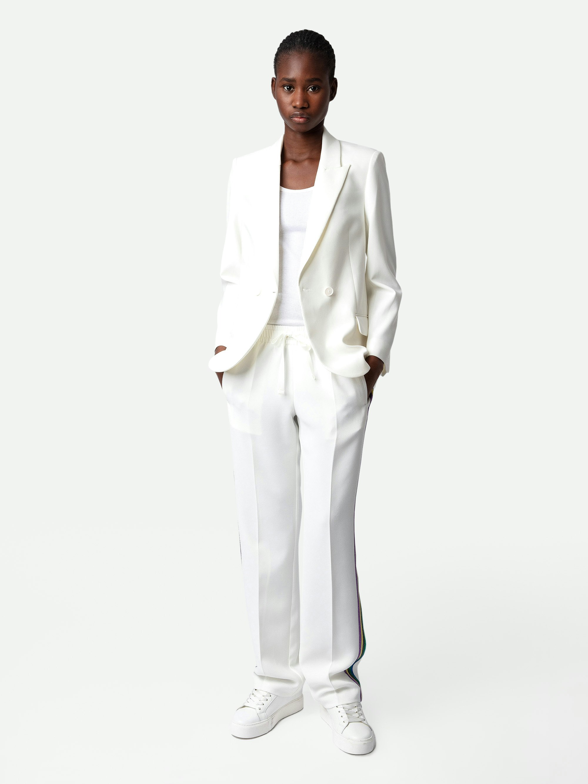 Pomy Trousers - White crêpe trousers with glittery side bands and drawstring ties.