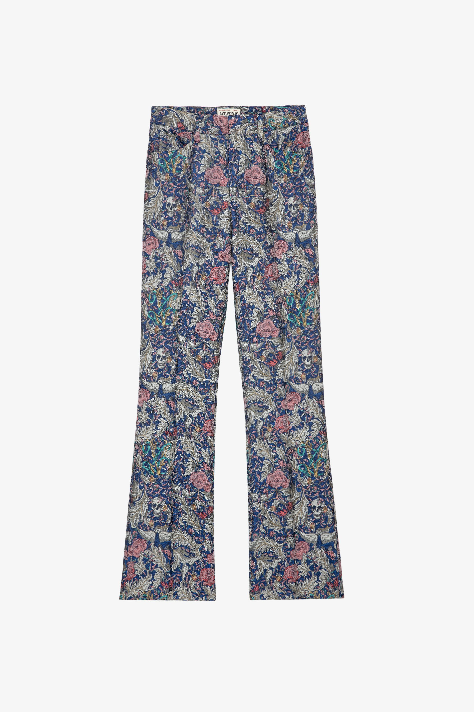 Pistol Jac パンツ Women's blue jacquard trousers with floral motifs 