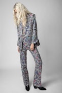 Pantalón Pistol Jac - Pantalón de jacquard azul con motivos florales para mujer