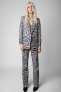 Pantalón Pistol Jac - Pantalón de jacquard azul con motivos florales para mujer