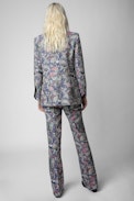 Pantalón Pistol Jac - Pantalón de jacquard azul con motivos florales para mujer