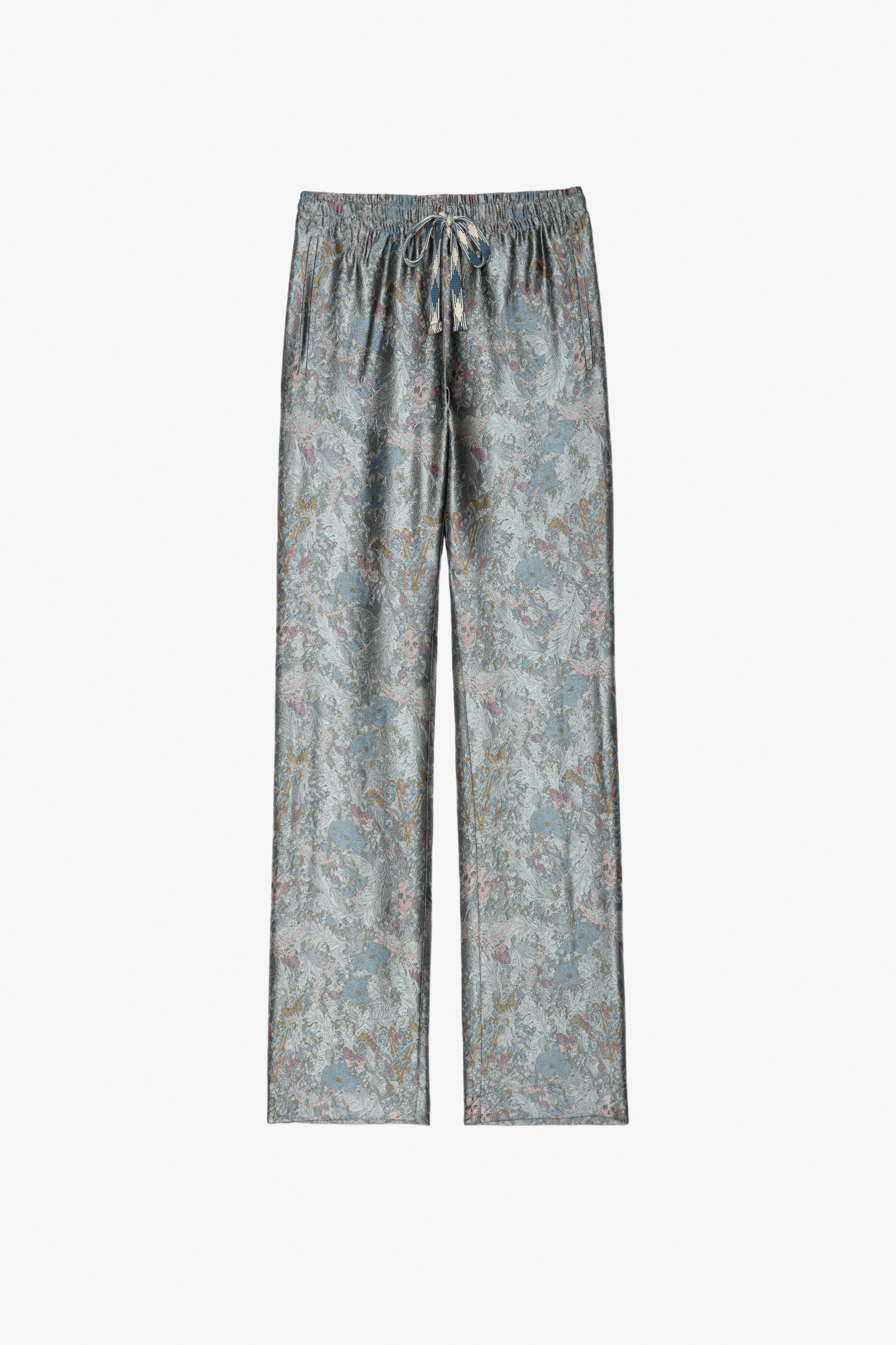 Pomy Trousers Women's metallic-effect trousers with floral Jacquard and skulls