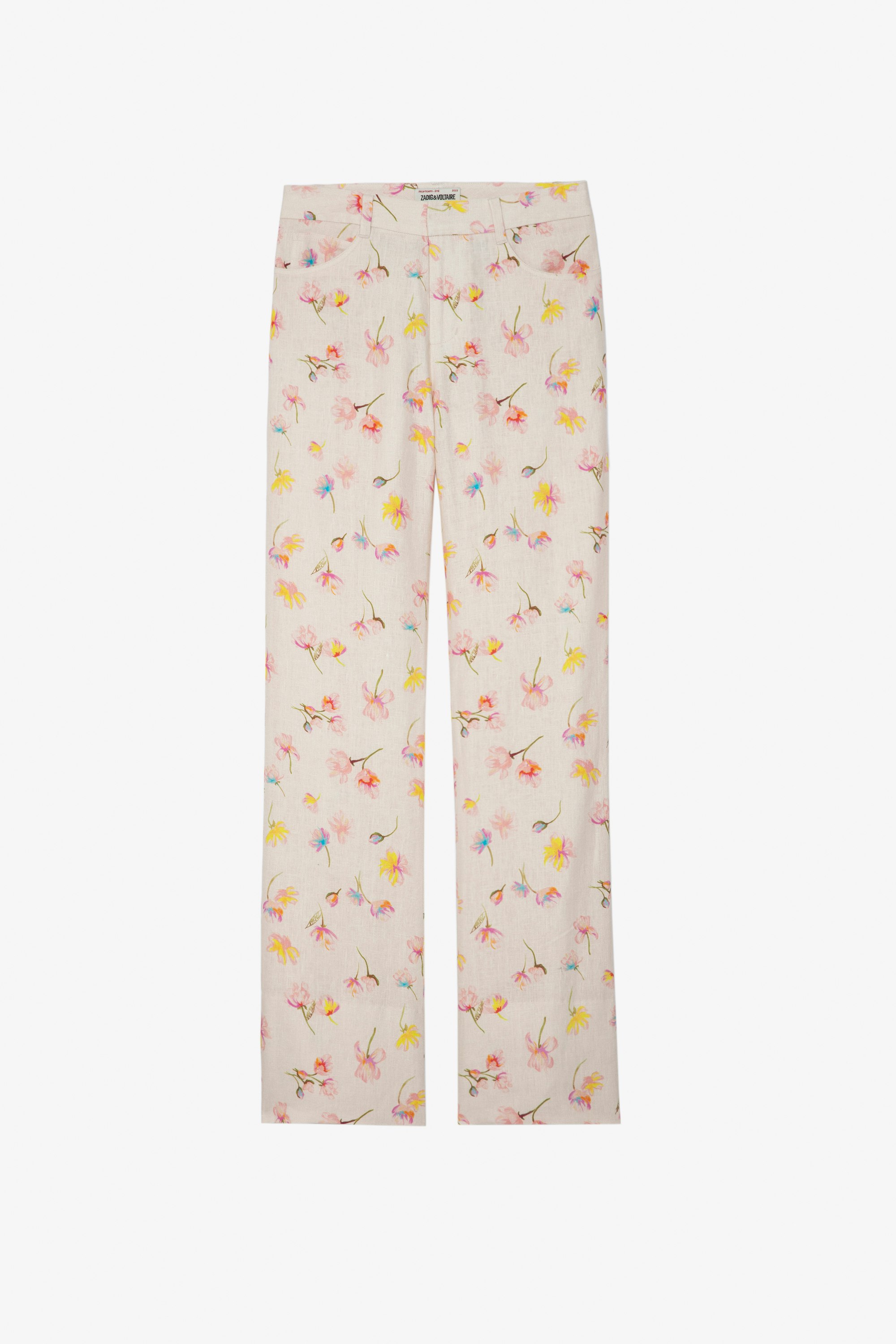 Pistol Linen Pants - Women's flared linen pants in off-white floral print