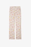 Pantaloni Pistol in lino - Pantaloni svasati in lino ecru con stampa floreale - Donna