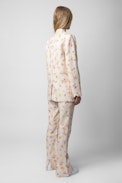 Pantaloni Pistol in lino - Pantaloni svasati in lino ecru con stampa floreale - Donna