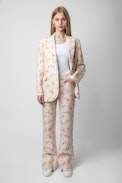 Pantaloni Pistol in lino - Pantaloni svasati in lino ecru con stampa floreale - Donna