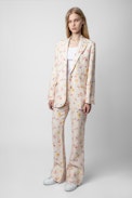 Pantaloni Pistol in lino - Pantaloni svasati in lino ecru con stampa floreale - Donna