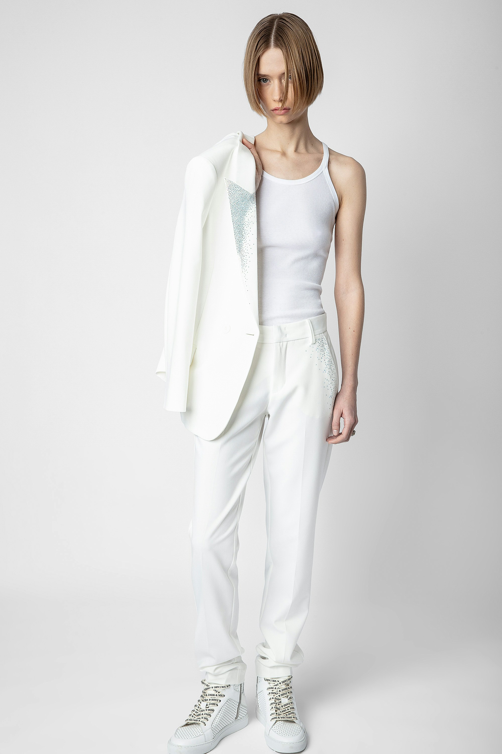 Prune Trousers - Women's off-white tailored trousers with rhinestones
