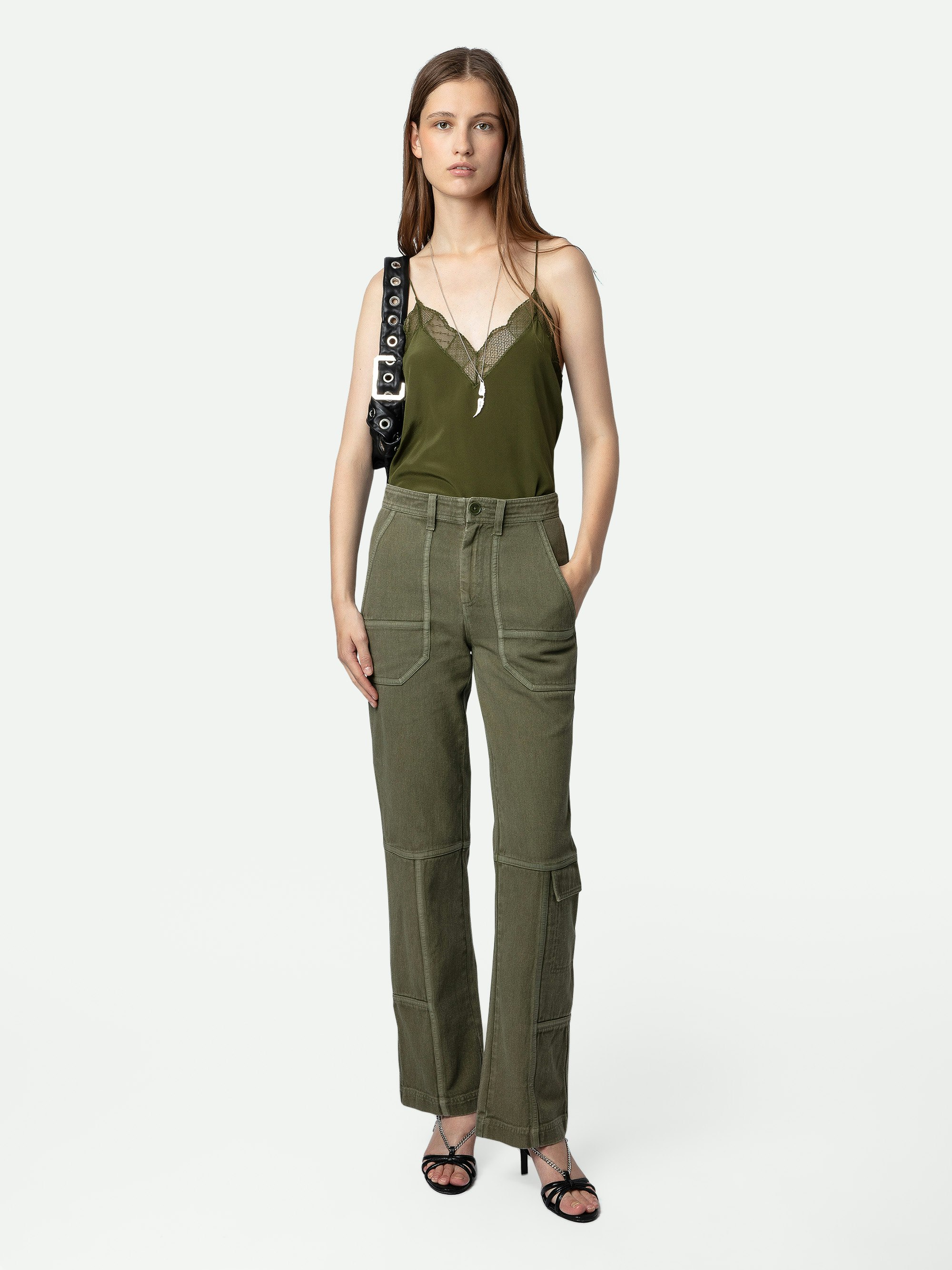 Pepper Trousers - Women’s khaki twill cotton trousers with contrasting details.