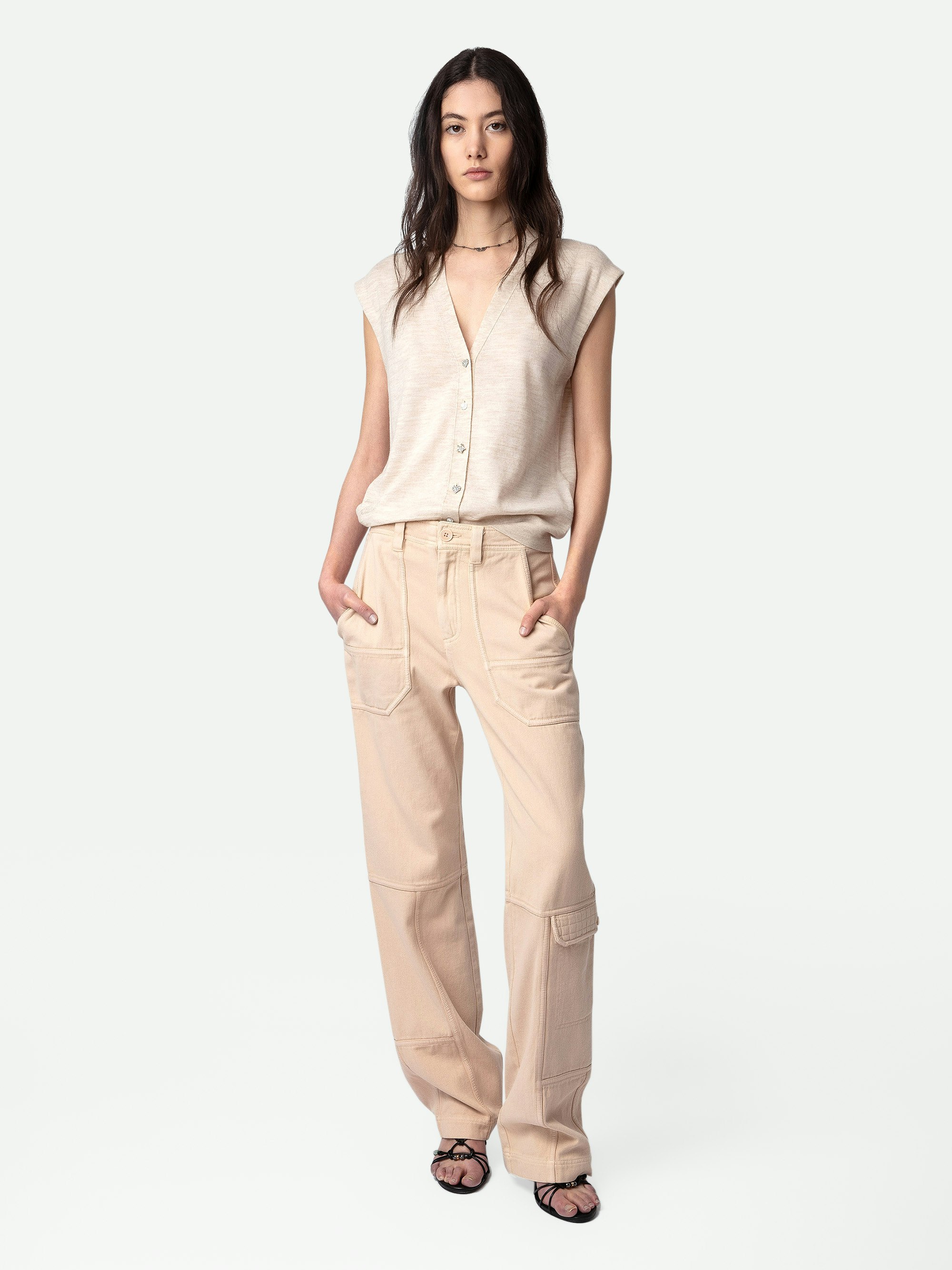 Pepper Trousers - Beige cotton twill trousers with contrasting details.
