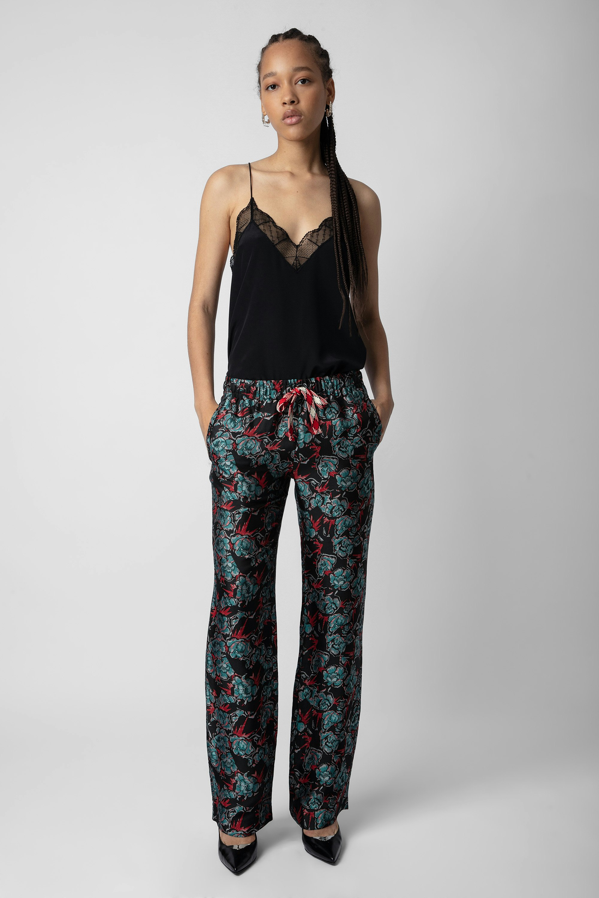 Pomy Jacquard Pants - Women’s black floral jacquard pants with patterned drawstring.