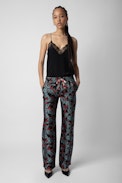 Pomy Thunder Jacquard Trousers - Women’s black floral jacquard trousers with patterned drawstring.