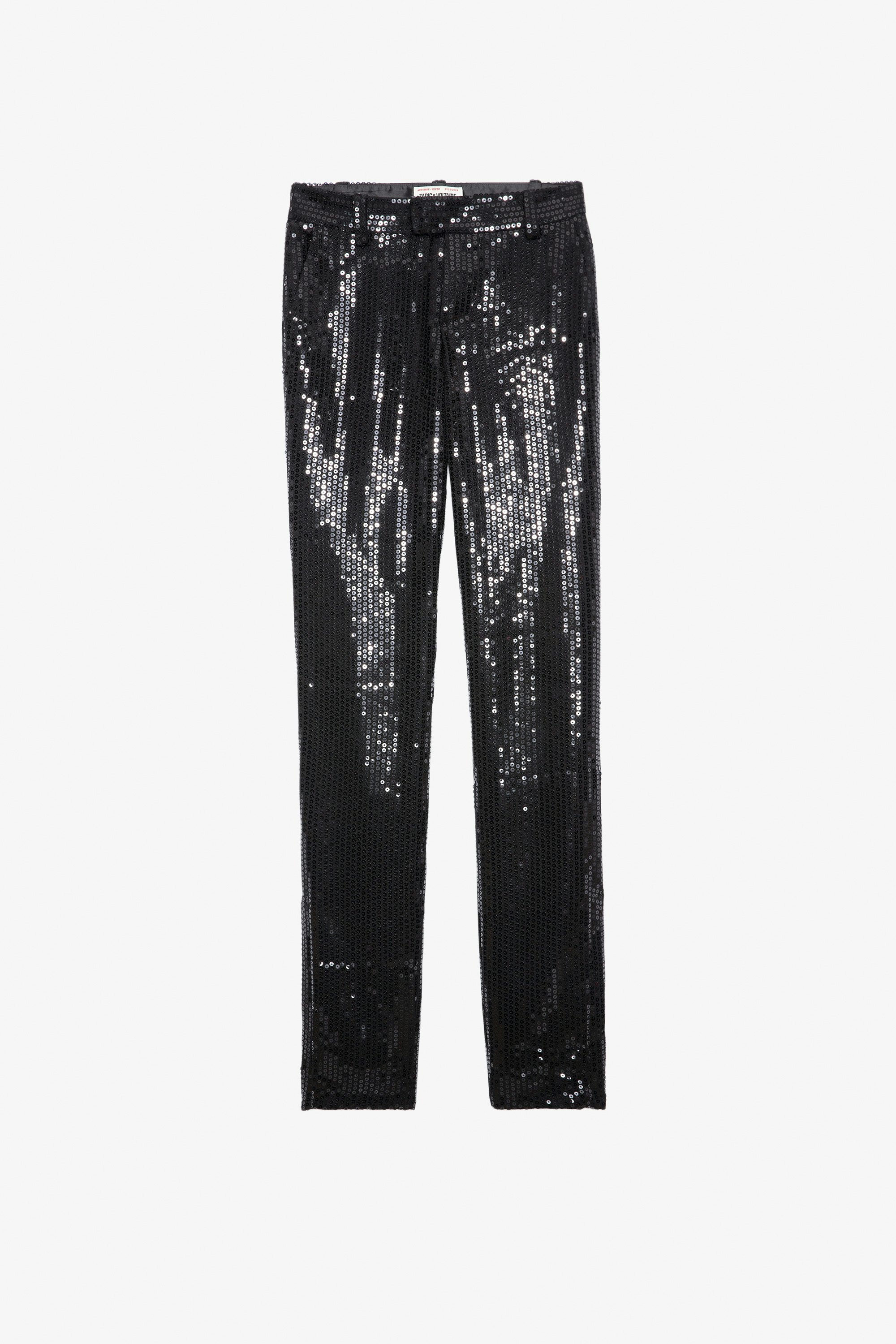 Pantalon Prune Sequins - Pantalon de tailleur noir à sequins, poches et ourlets zippés.