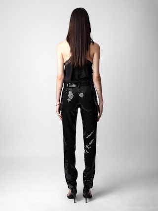 Pantalon Prune - Pantalon de tailleur à sequins, poches et ourlets zippés.