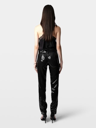 Pantaloni Prune - Pantaloni sartoriali con paillettes, tasche e orli con zip.