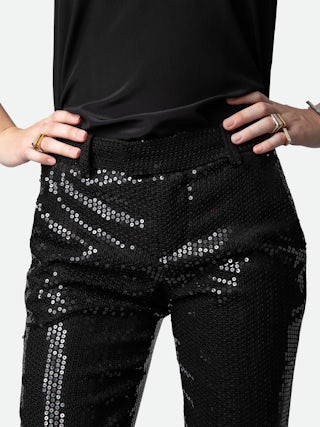 Pantalon Prune - Pantalon de tailleur à sequins, poches et ourlets zippés.