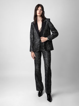 Pantalon Piston Velours - Pantalon de tailleur en velours pailleté noir à motifs léopard.