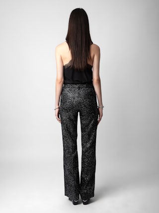 Pantalon Piston Velours - Pantalon de tailleur en velours pailleté noir à motifs léopard.