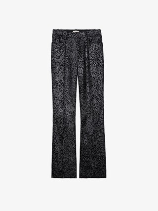 Pantalon Piston Velours - Pantalon de tailleur en velours pailleté noir à motifs léopard.