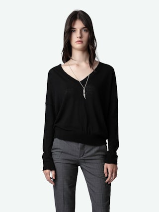 Pantalon Prune - Pantalon de tailleur anthracite à rayures, monogramme et ourlets zippés.