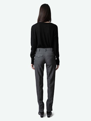 Pantalon Prune - Pantalon de tailleur anthracite à rayures, monogramme et ourlets zippés.