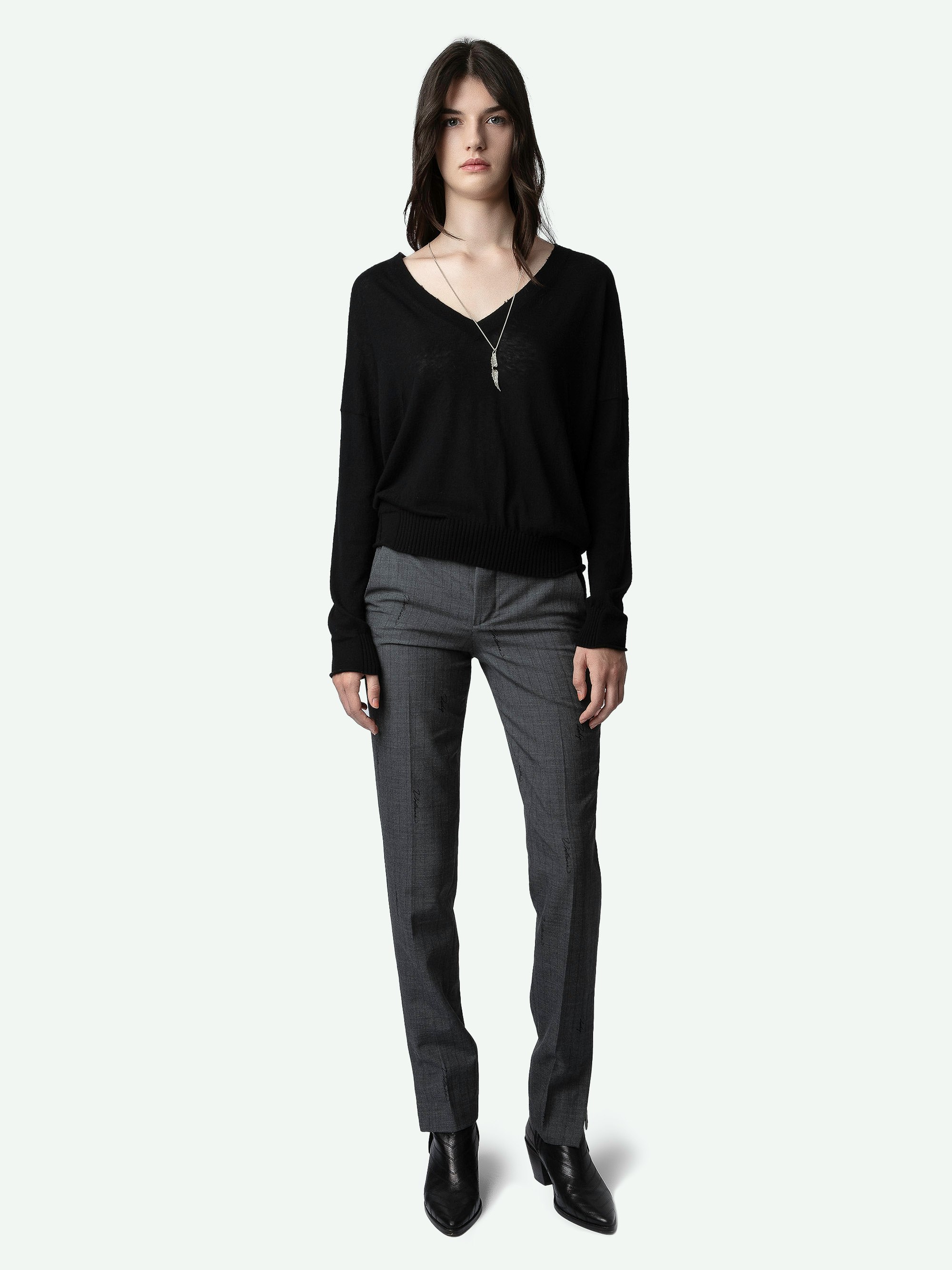 Prune Pants - Women’s anthracite tailored pants with stripes, monogram and zip hem.