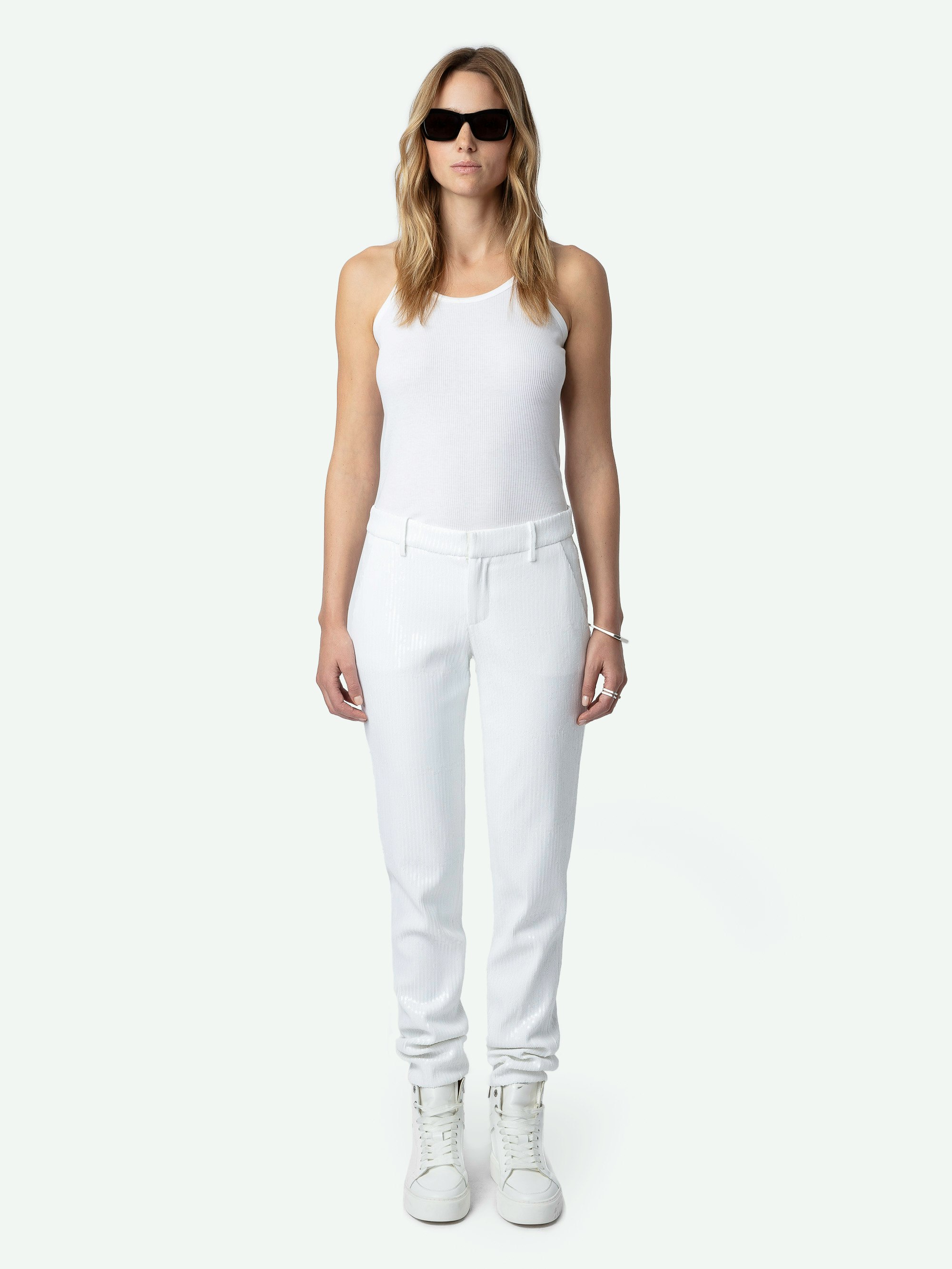 Prune Sequin Pants - White straight-leg suit pants with sequins and pockets.