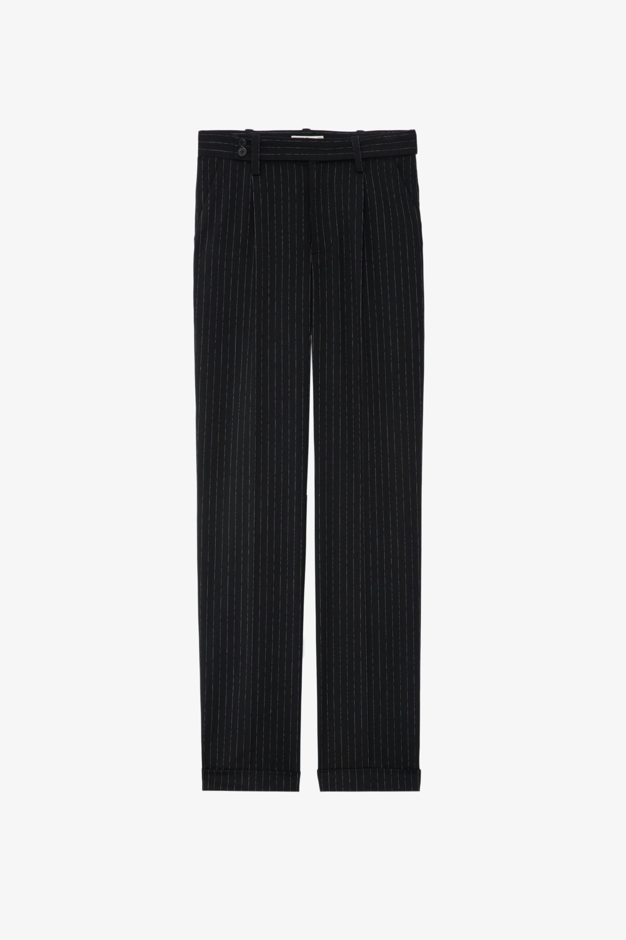 Pura Trousers - Black wide-leg tailored trousers with pinstripes and pockets.