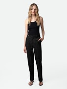 Pantalon Pura - Pantalon de tailleur large noir à fines rayures et poches.