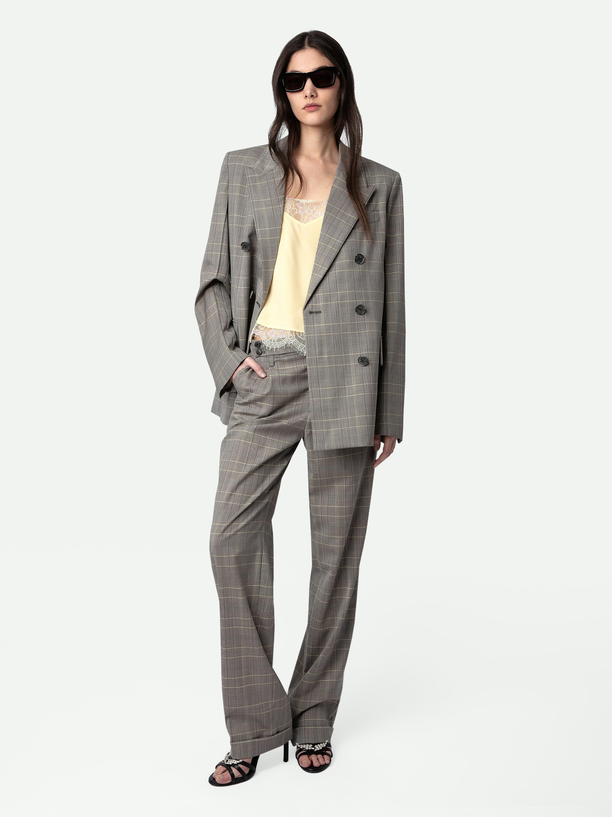 Pura Trousers - Checked grey wool tailored trousers with pockets.