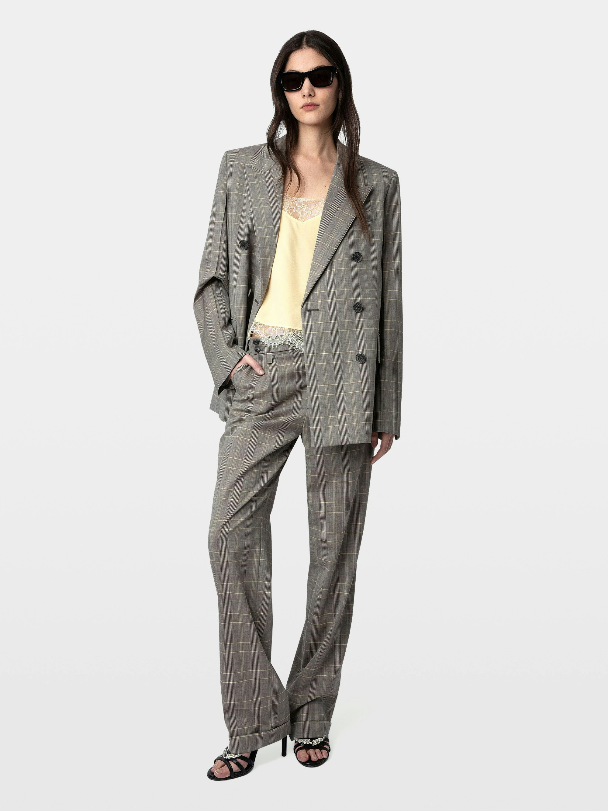 Pura Pants - Checked grey wool tailored pants with pockets.