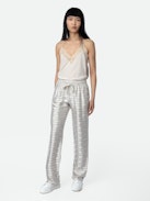 Pantalon Pomy Jacquard - Pantalon rose pâle à jacquard ailes et cordons de serrage.