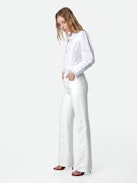 Pistol Pants - White linen flared tailored pants with pockets and pleats.