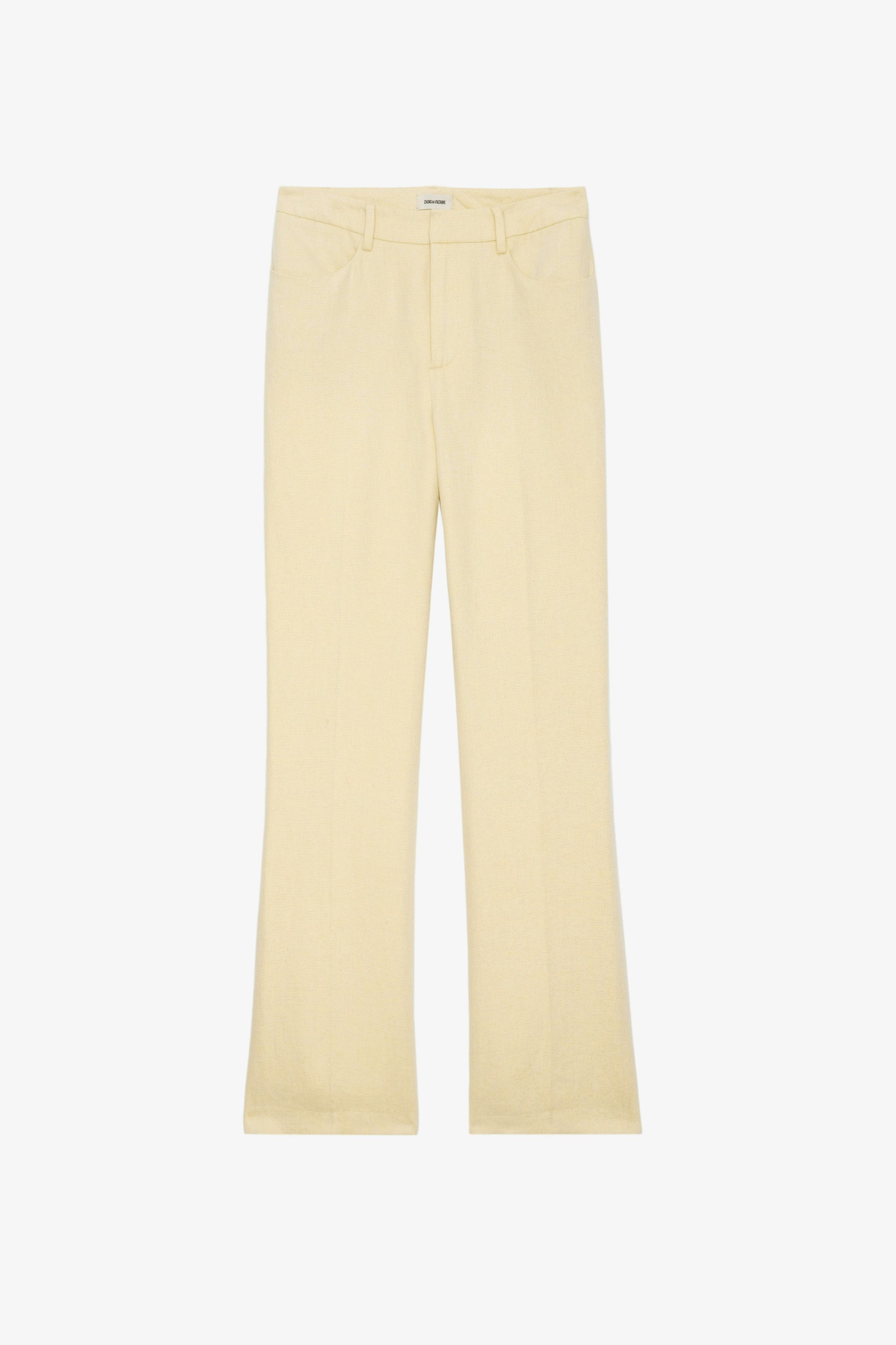 Pistol Trousers - Light yellow linen flared tailored trousers with pockets and pleats.