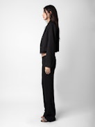 Poxy Pants - Black cool wool loose-fitting tailored pants with asymmetric fly and raw details.