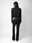 Poxy Pants - Black cool wool loose-fitting tailored pants with asymmetric fly and raw details.
