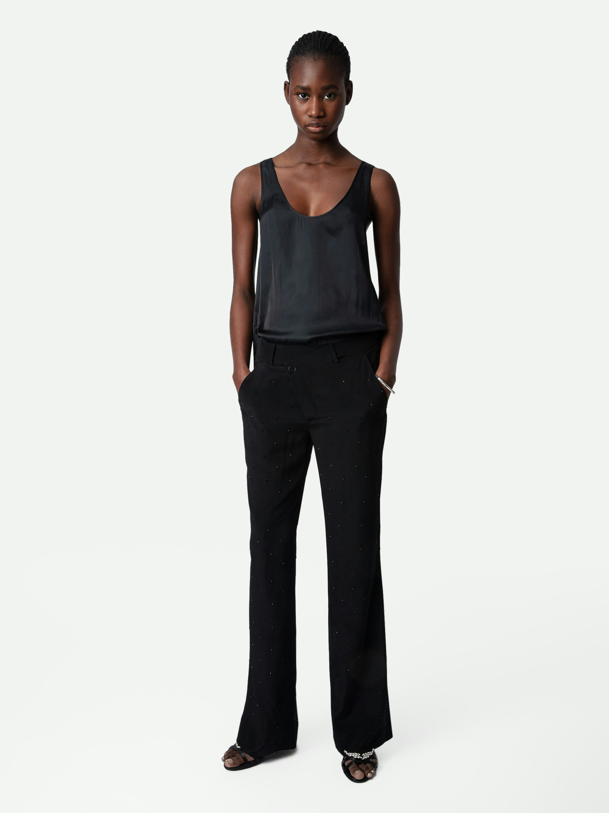 Poxy Silk Pants - Black silk tailored pants with diamanté and asymmetric fastening.
