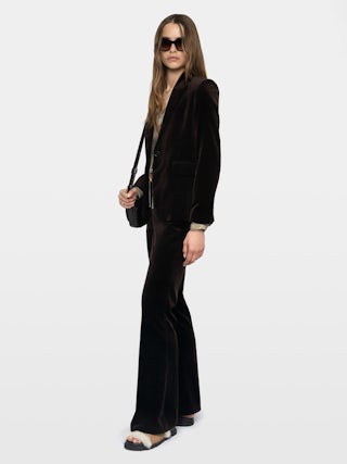 Pantalon Prevy Velours - Pantalon tailleur en velours lisse, taille basse, évasé et multi poches.