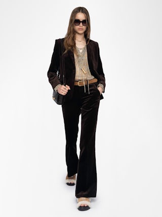 Prevy Velours Trousers - Tailored trousers in smooth velvet, low-waisted, flared and multi-pocketed.