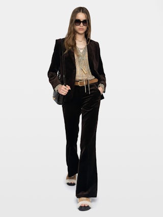 Pantalon Prevy Velours - Pantalon tailleur en velours lisse, taille basse, évasé et multi poches.