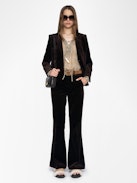 Prevy Velvet Pants - Tailored pants in smooth velvet, low-waisted, flared and multi-pocketed.