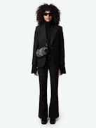 Prevy Pants - Herringbone wool blend flared pants with mid-rise waist and pockets.