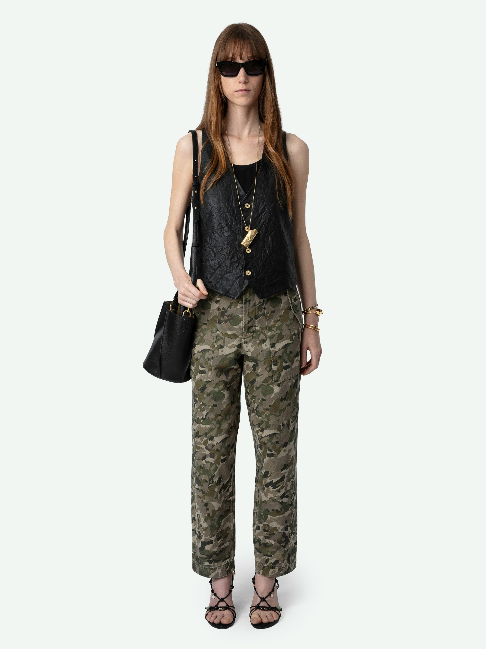 Pilote Pants - Khaki cotton canvas combat pants with camouflage heart print and pockets.
