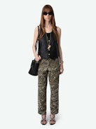 Pilote Pants - Khaki cotton canvas combat pants with camouflage heart print and pockets.