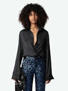 Prevy Sequin Pants - Dark blue flared pants with sequins, mid-rise waist and pockets.
